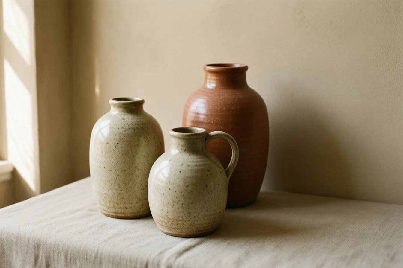 Three handmade stoneware vases on linen against a plaster wall in soft daylight